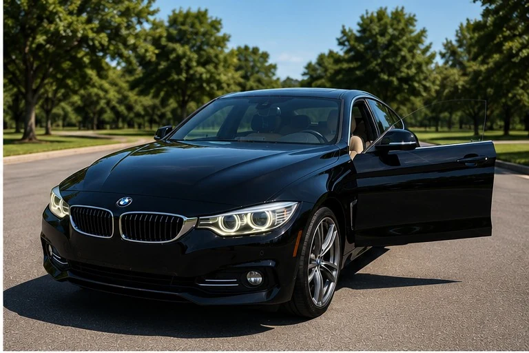 Black BMW 440i front three-quarter view